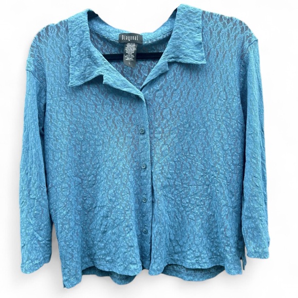 Y2K DIAGONAL Sheer Lace Textured Stretch Button Down Shirt Fairy Whimsigoth | L - Picture 1 of 9